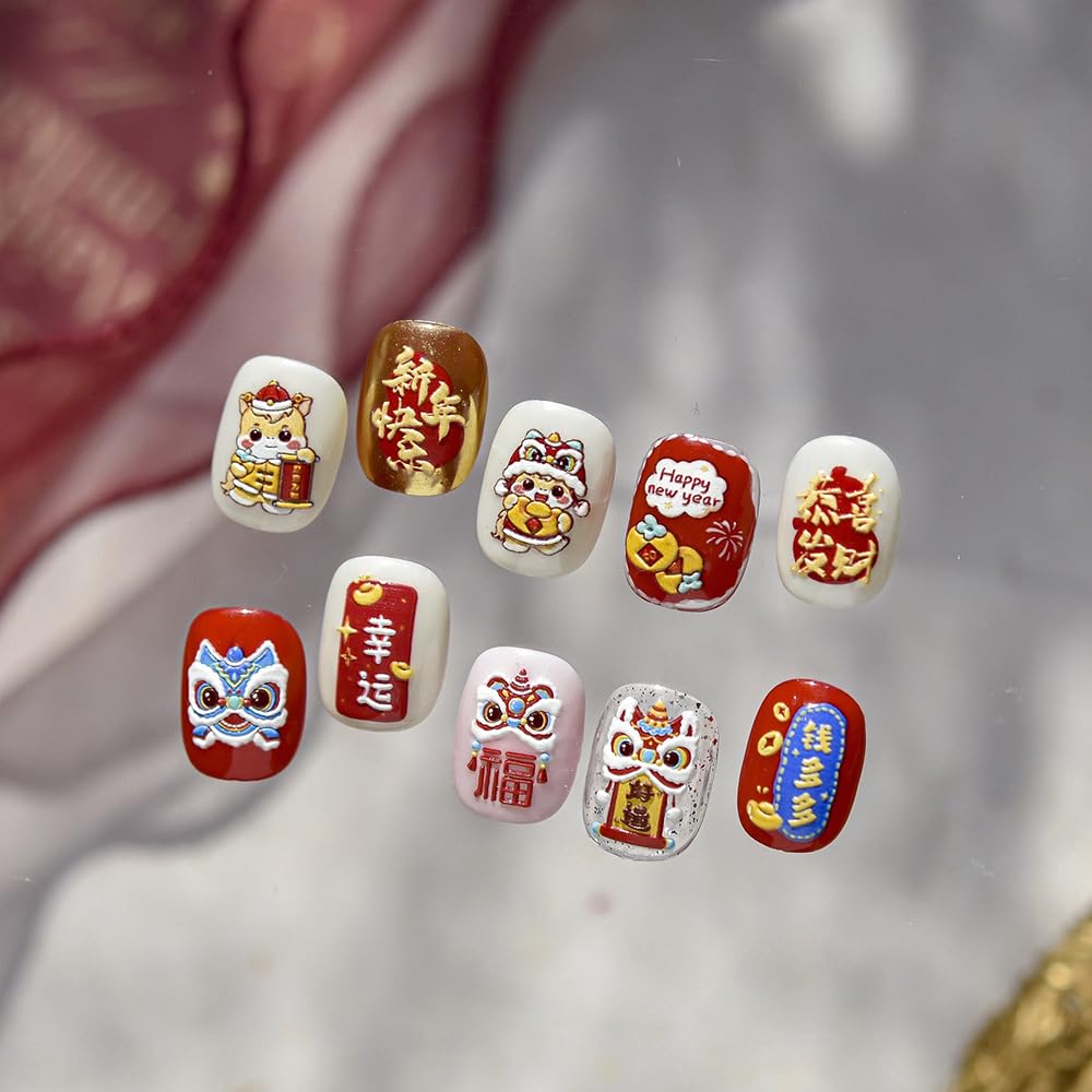 Chinese New Year 2026 Nail Stickers – Year of the Horse 3D Embossed Lunar New Year Nail Charms, Red Gold Self-Adhesive Zodiac Design for DIY Manicure, Spring Festival Decals for Home or Salon Use