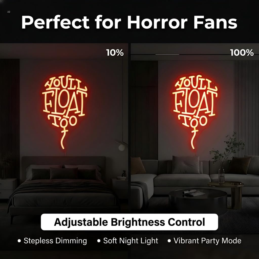 You'll Float Too Neon Sign, Dimmable LED Wall Light, USB Powered Horror Movie Decor for Gothic Room, Creepy Clown Fans, Spooky Halloween Wall Art & Scary Gift