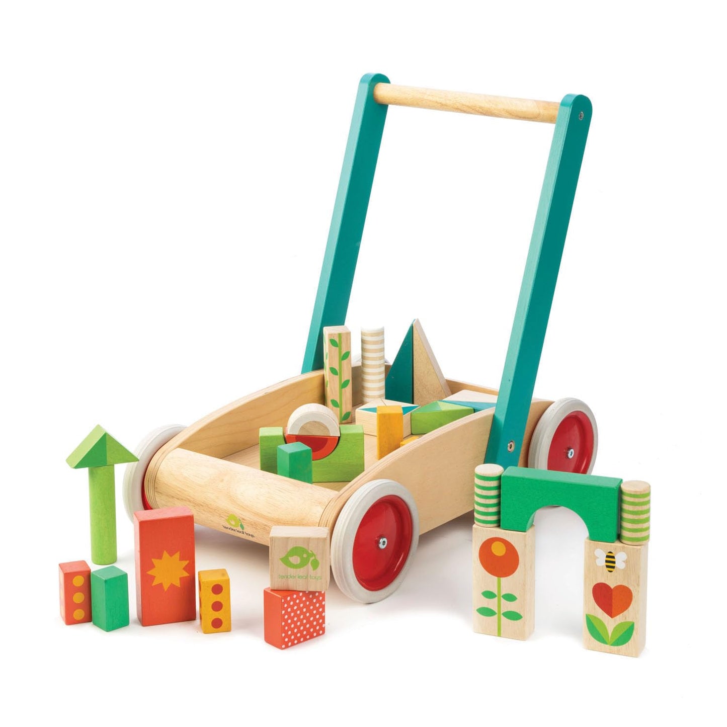 Tender Leaf Toys Baby Block Wooden Walker - Includes 29 Garden Themed Toy Blocks Premium Quality Construction Develops Balance, Strength & Creative Play 18 Month +
