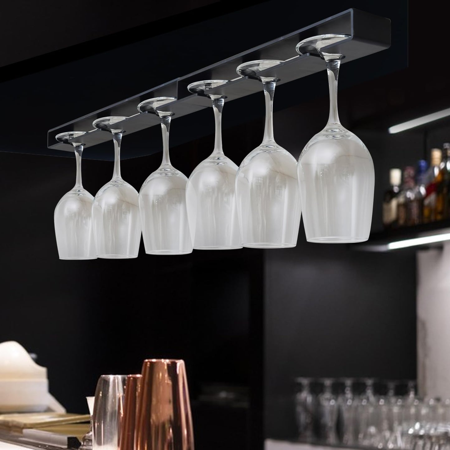 Vaisoeny Wine Glass Holder, 2 Pack, No Drilling Required, Hanging Stemware Rack Organizer for Bar Cabinet Kitchen, Black