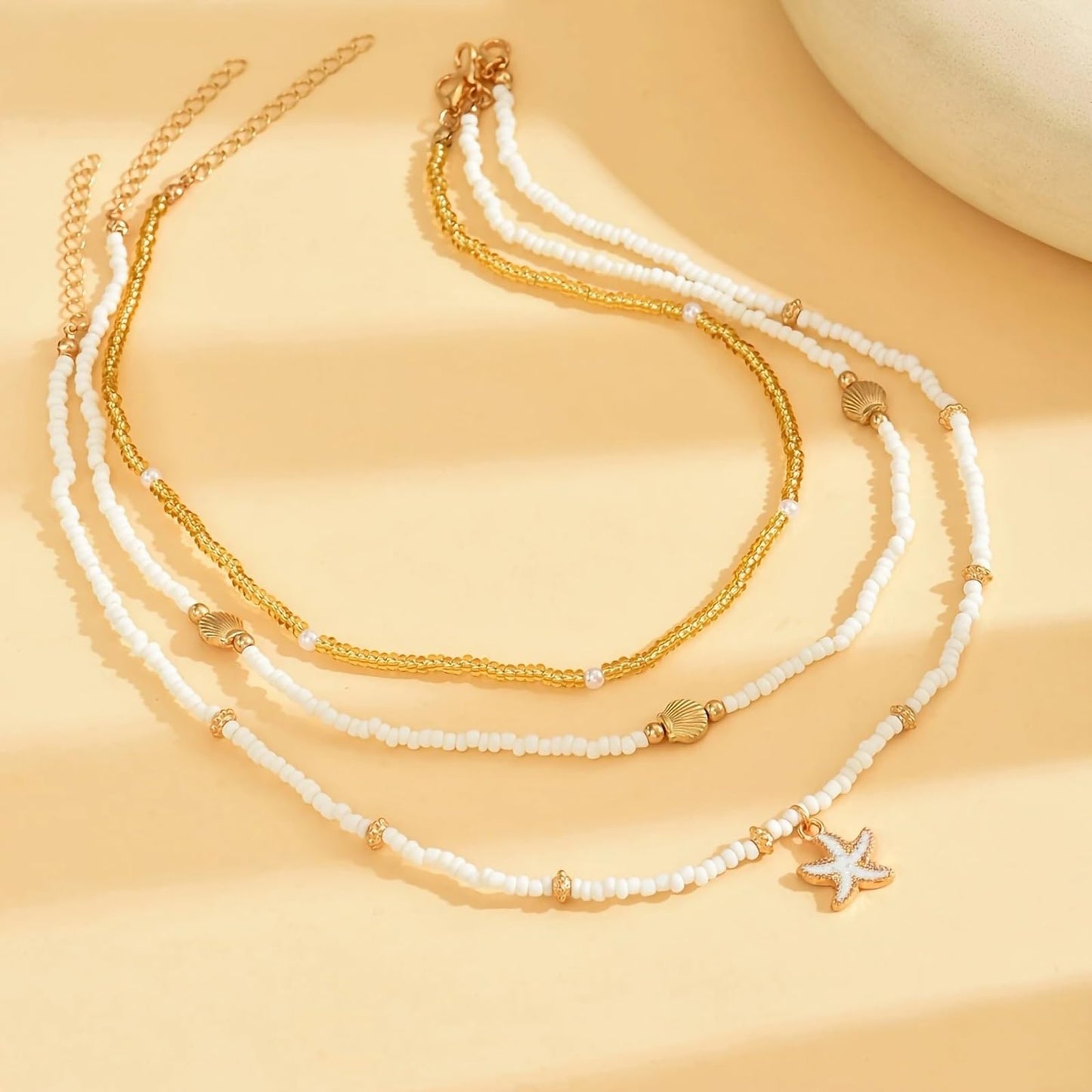 Nackiy Handmade Sea Shell Necklace for Women Summer Adjustable Natural Shell Collar Necklace (Starfish 3pcs)