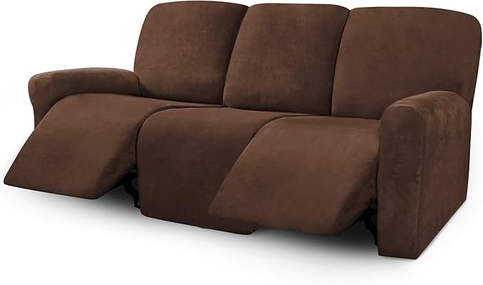 ULTICOR Velvet 8-Pieces Recliner Sofa Covers Stretch Reclining Couch Covers for 3 Cushion Reclining Sofa Slipcovers Furniture Covers Thick Soft Washable (3 Seater Recliner Cover, Chocolate)