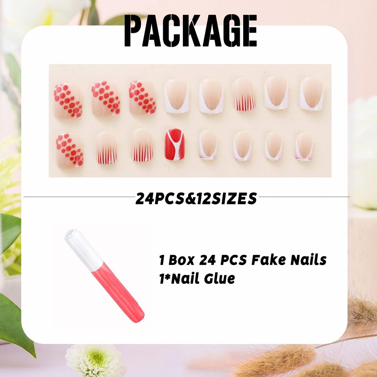 IMSOHOT Red Press on Nails Short Square Fake Nails White French Tips False Nails Squoval Glossy Full Cover Acrylic Stick on Nails for Women Girls 24Pcs