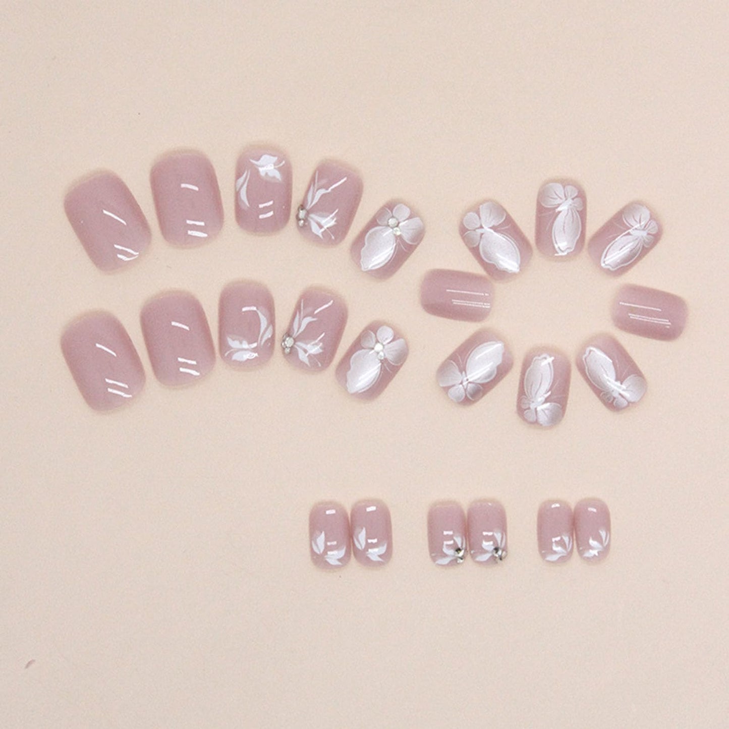 Square Press on Nails Short Fake Nails with White Butterfly Rhinestones Designs Light Pink Nails Press ons Cute Acrylic Nails Glossy Glue on Nails Spring Summer Stick on Nails for Women 24Pcs