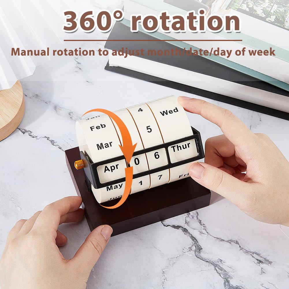 DICOSMETIC Wooden Rotating Perpetual Calendar Wood Creative Calendar Gift Month Week Day Date Display Desk Date Display for Home Office Decorations, 11.9x9.4x10.7cm