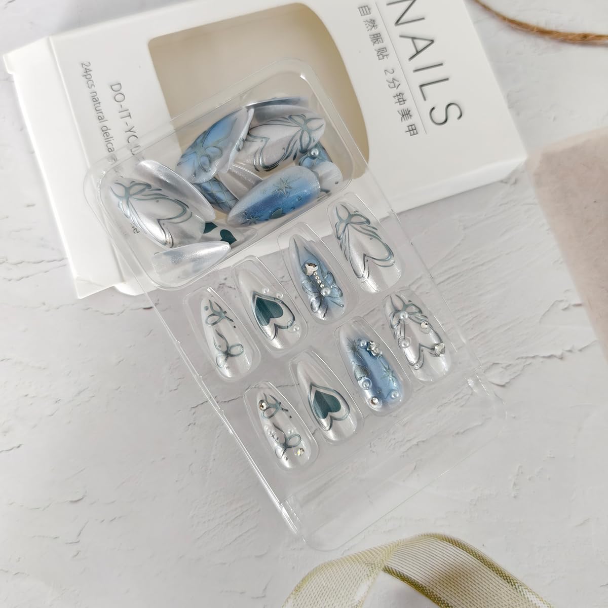 24Pcs Blue Almond Press on Nails Medium Fake Nails 3D Heart Glue on Nail Heart Bow Acrylic Nail Star Pearl Rhinestones Charms Gradient Blue White False Nails for Women Manicure Decoration