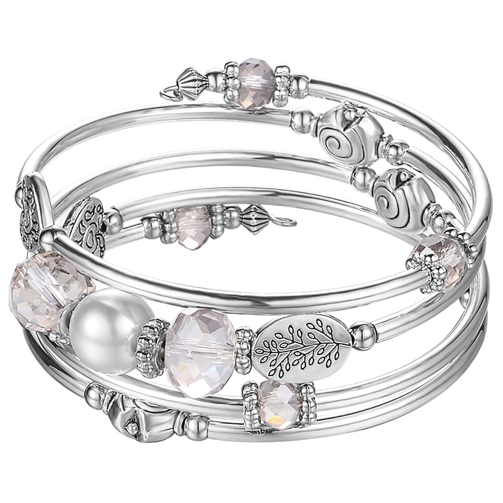 PEARL&CLUB Bead Crystal Wrap Bangle Bracelet - Fashion Jewelry Beaded Bracelet with Silver Metal, Gifts for Women(92-Grey)