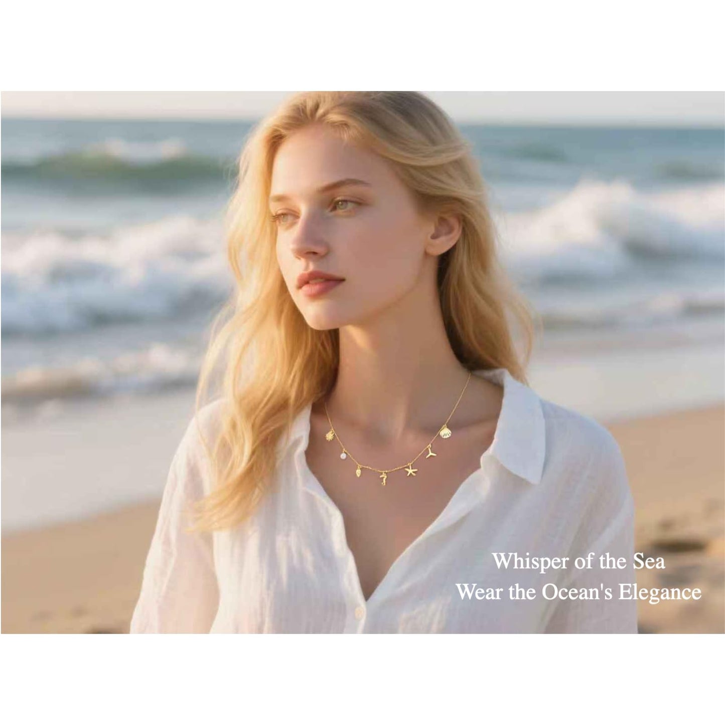 Ocean Charm Necklace for Women - 14K Gold Plated Sterling Silver with Shell Starfish Seahorse Pearl Whale Tail Charms, Adjustable 16-18 Inch Chain, Delicate Beach Jewelry
