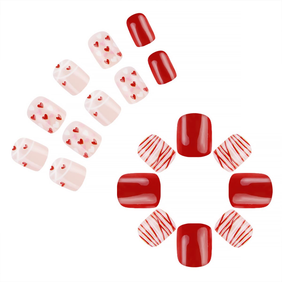 24Pcs Valentine's Press on Nails Short Fake Nails Red White Heart with Line False Nails Design Romantic Heart Full Cover Artificial Glue on Nails Valentines Stick on Nails for Women DIY Manicure