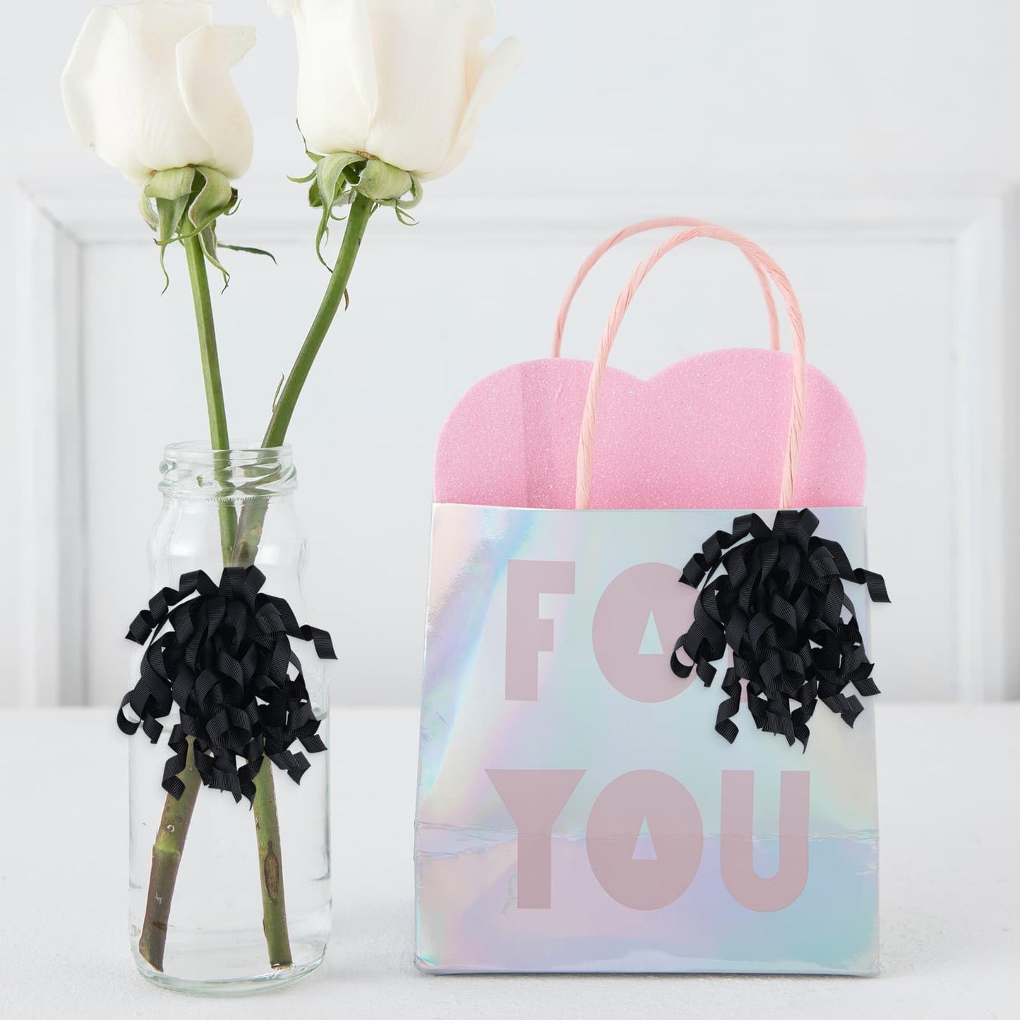 YKW Classic Black Curly Gift Bows for Wrapping - 6 Pack Large 4" Self Adhesive Grosgrain Ribbon Bows for Elegant Presents, Graduation, Birthday & Formal Gift Decorations