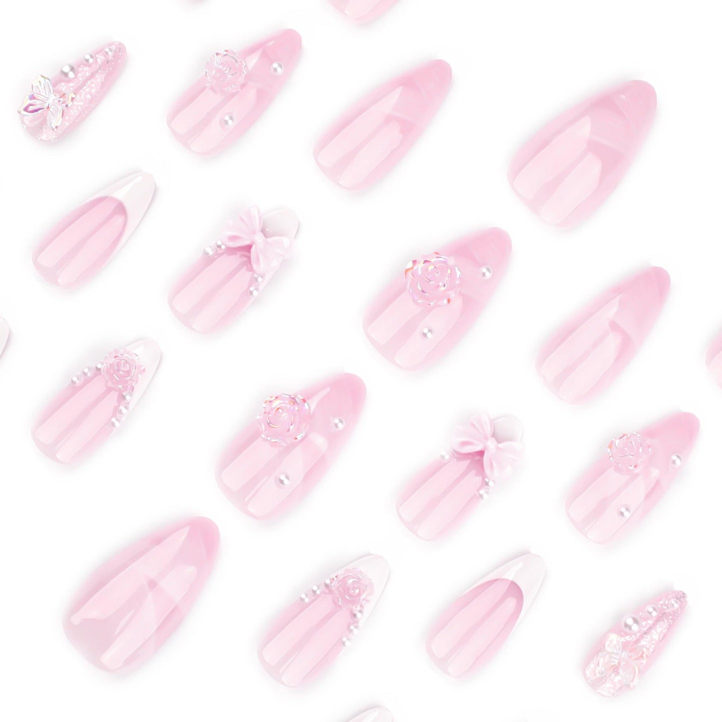 CTTHNBD Press on Almond Nails - Medium Fake Nails with Bow Flower Charms Design - White French Tip False Nails for Women 24 Pcs