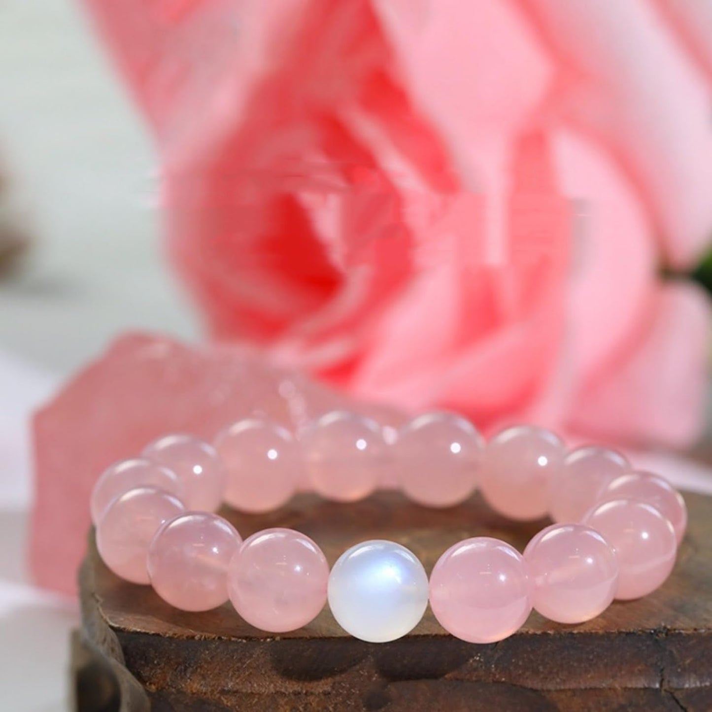 Pink Crystal Bracelets, 8mm Gemstone Bracelet Love Stone, Rose Stone Healing Crystal,Soothe Anxiety, Meditate, Relax, Enhance Emotional and Romantic Atmosphere (White moonligh pink, One Size)