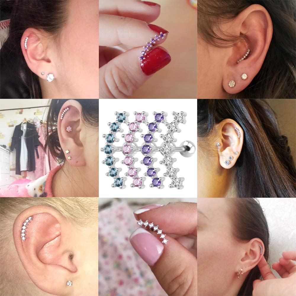 ZS Curve Seven Stud CZ Stud Earrings 316L Stainless Steel Ear Helix Conch Cartilage Piercing (Light Blue)