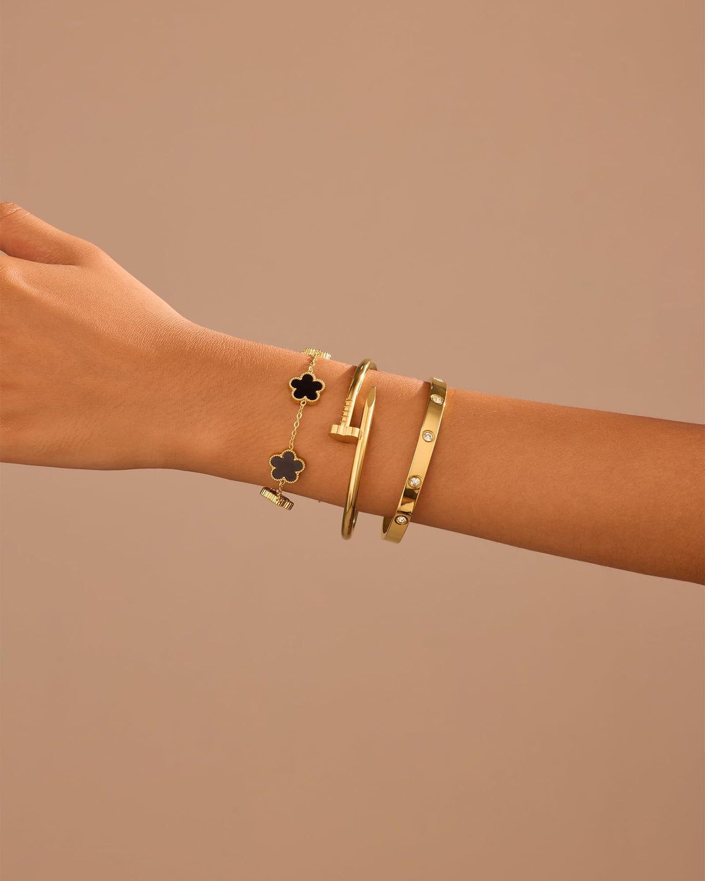 18K Gold Plated Stainless Steel Love Nail Bangle Clover Bracelet Set Stackable Dupes for Love Trendy Jewelry (Gold and Black)