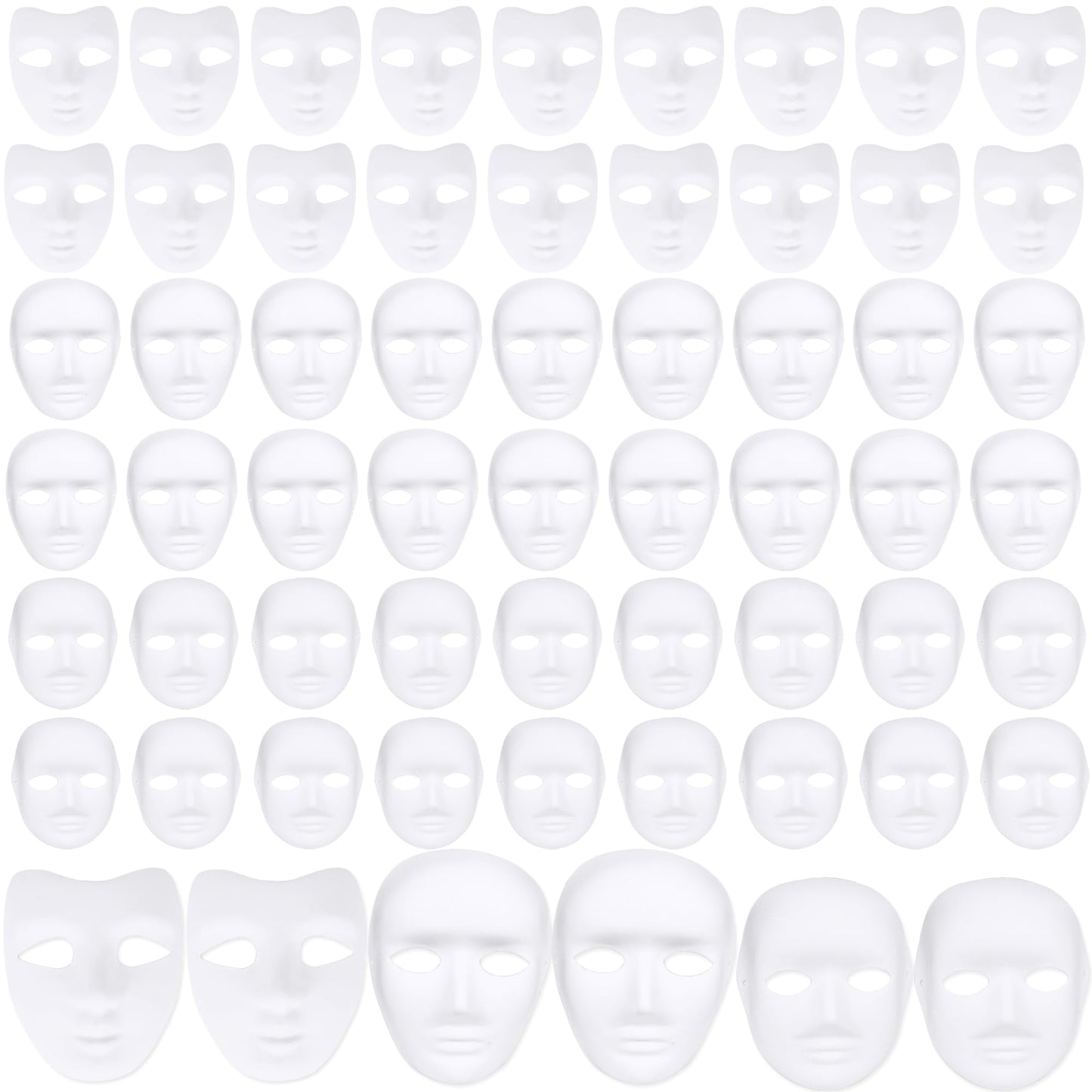 Fahacop 60 Pcs Paper Mache Mask Paintable White Masks DIY Paper Mache Masks for Halloween Artistic Theater Cosplay Art Class Party Decorations, 3 Sizes