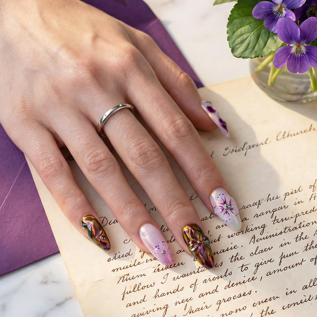 IntoVibes 10 Pieces Handmade Press On Nails Medium Almond, Purple Thickened False Nails With Floral Decoration, Reusable Fake Nails Almond, Reusable Acrylic Nails (S)