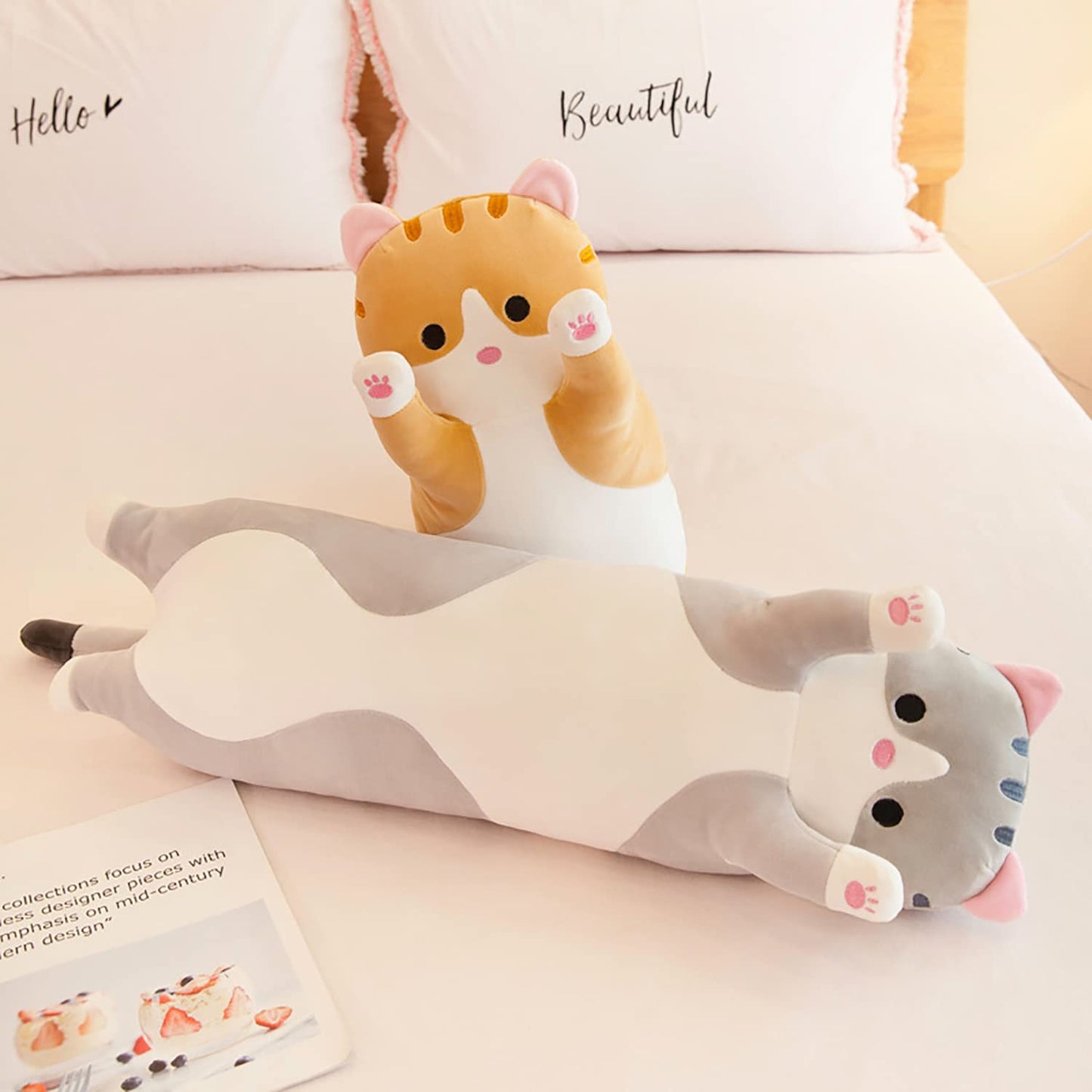 Handytoolinc Soft Cat Plush Pillow Long Stuffed Animals Sleeping Pillow Cotton Kitten Pillow Cute Long Body Pillow Gift for Kids Girlfriend (35.4inch/90cm,Pink)