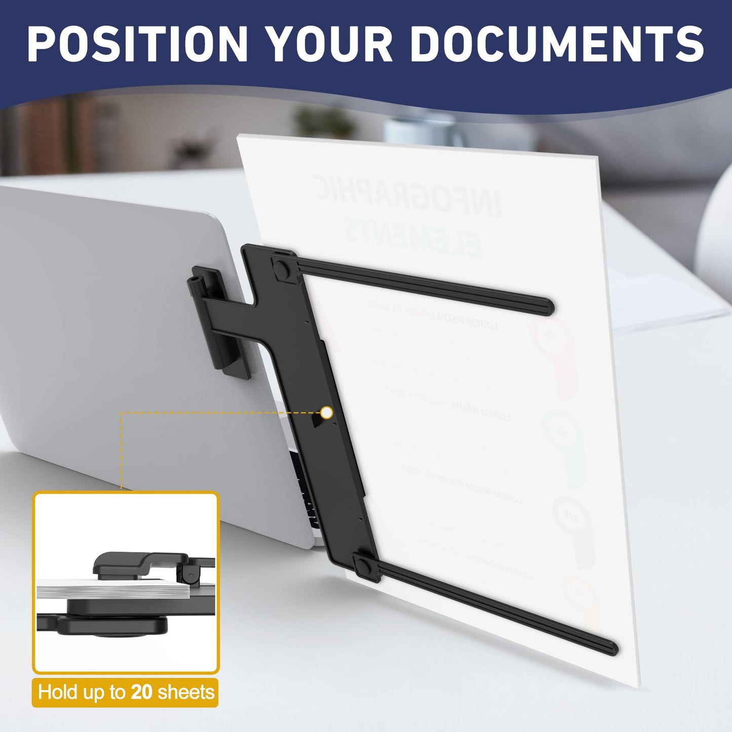 HAUTOCO Monitor Mount Document Clip, Document Holder for Typing Clips to Laptops & Monitors, Adjustable Removable Stand, Adhesive Mounts Left or Right, Holds Up to 20 Sheets for Recipes, Study, Office