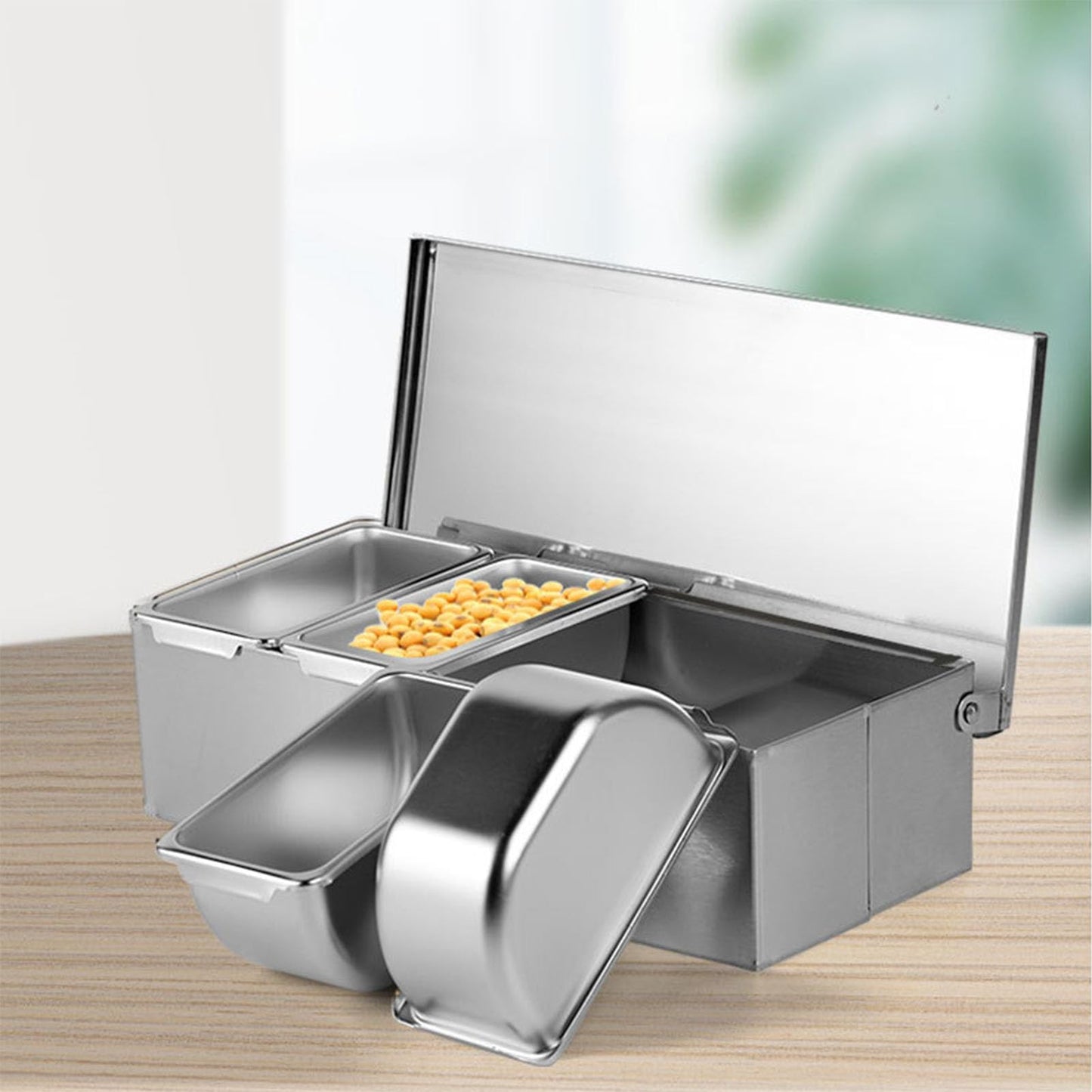 Cocoarm Stainless Steel Seasoning Box, 4 Compartment Tray, Large Capacity for Kitchen Storage