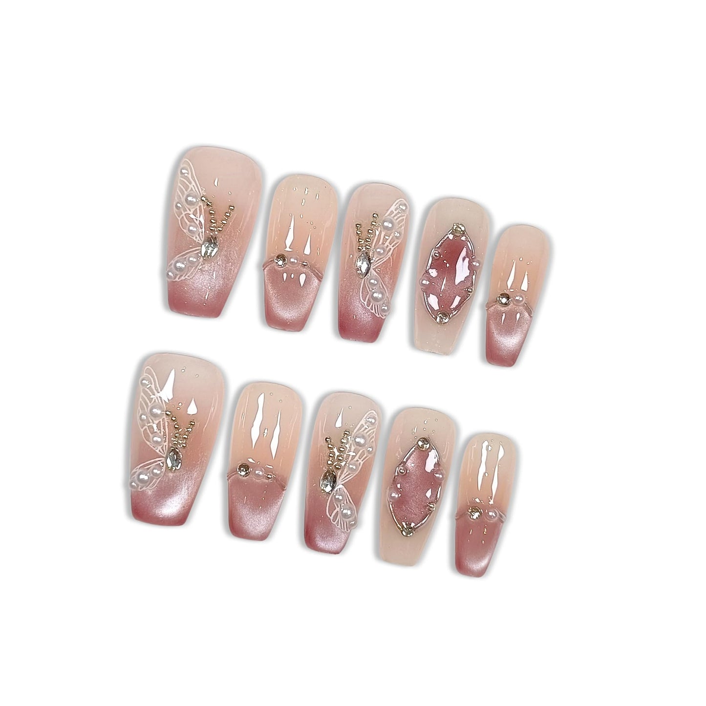 Hantyer Press on Nails Medium Coffin False Nails with Butterfly Design, White Rhinestones & Pearls, Pink Gradient Glossy Cat Eye, Handmade Tips with Tool Kit Salon Nails Sweet Style for Women(Size L)