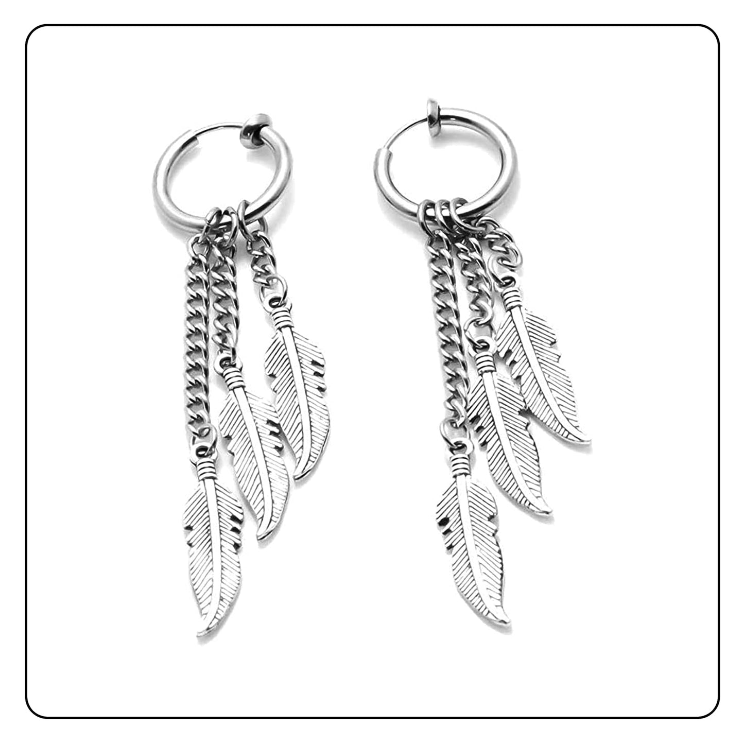 Fusamk Punk Rock Stainless Steel Feather Drop Dangle Earrings Huggie Hinged Hoop Earrings,2PCS