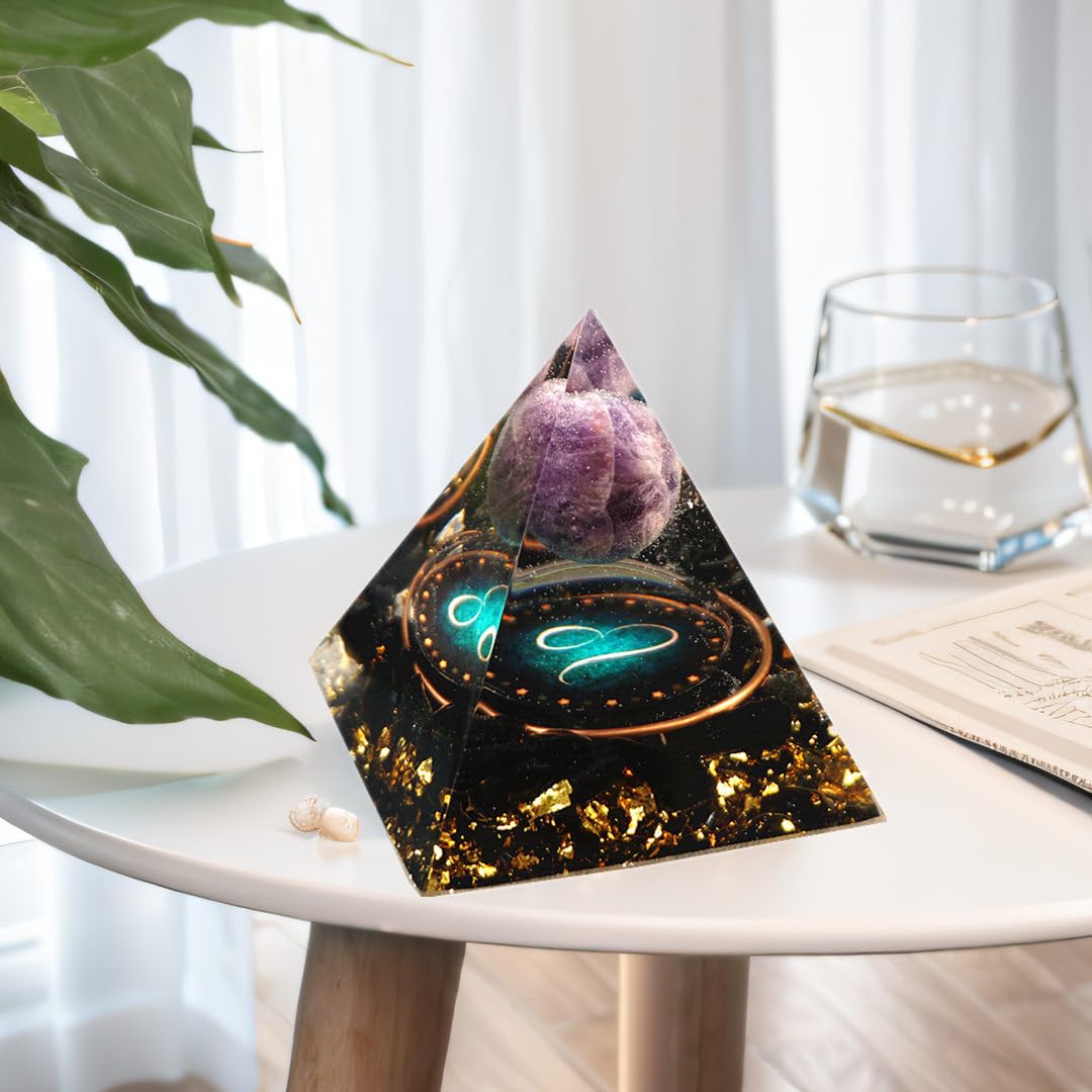 12 Zodiac Orgone Crystal Pyramid, Natural Amethyst with Obsidian,Healing Crystals Pyramid for Protection Chakra, Unique Constellation Pyramid for Positive Energy, Healing Money Health(Leo)