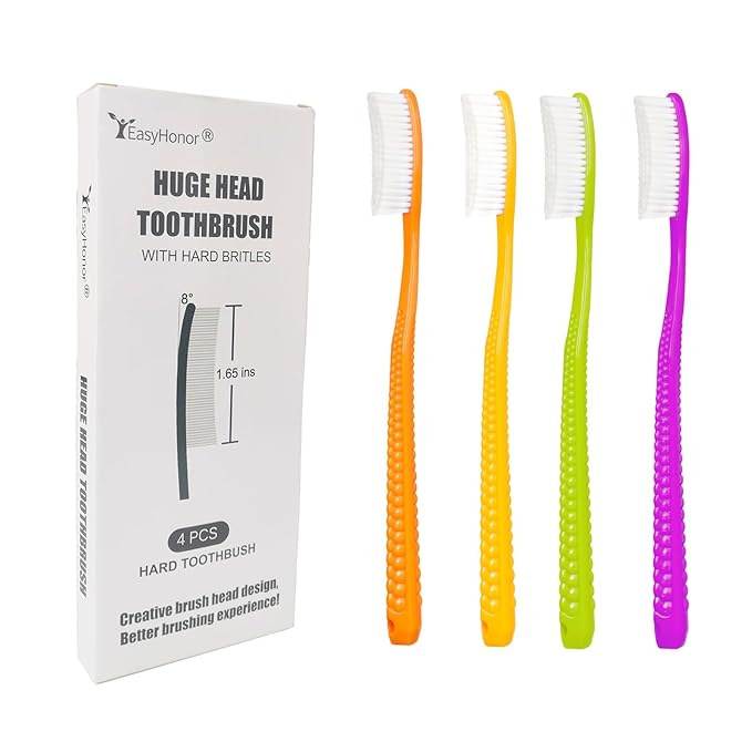EasyHonor Huge Head Toothbrush with Hard & Firm bristles BPA Free for Proper Dental Care 4 Pack with White Hard Bristles.