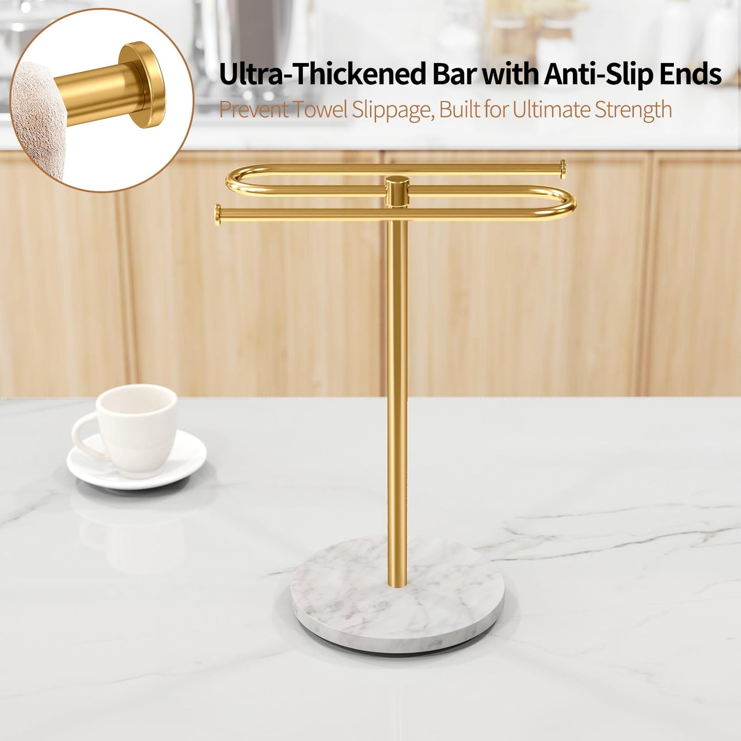 STWWO Countertop Towel Stand Free Standing with Marble Base, S-Shape Hand Towel Stand for Bathroom Stainless Steel Rust-Proof, Hand Towel Holder Standing for Kitchen Vanity Countertop (Gold)