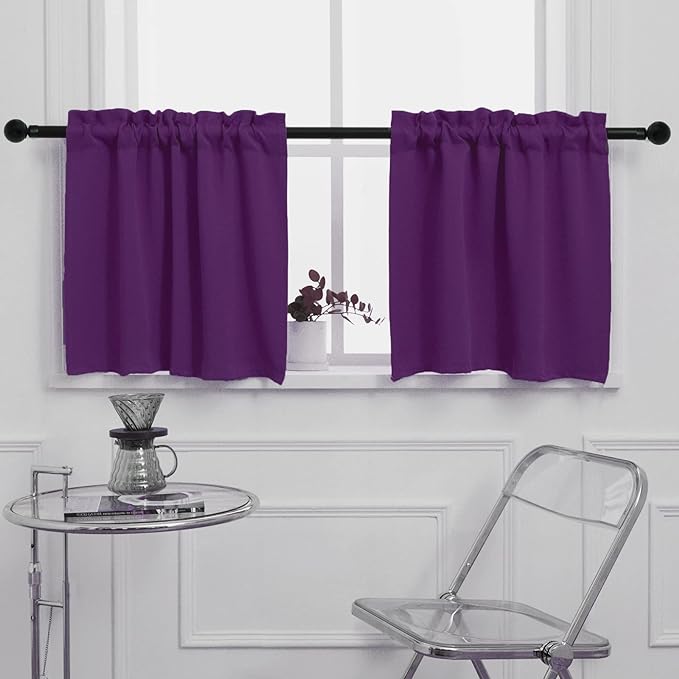 Pickluc Cafe Half Window Curtain, 30 Inches Length, Rod Pocket Small Kitchen Blackout Curtain, 30" Wide and 30" Long, Purple 2 Panels