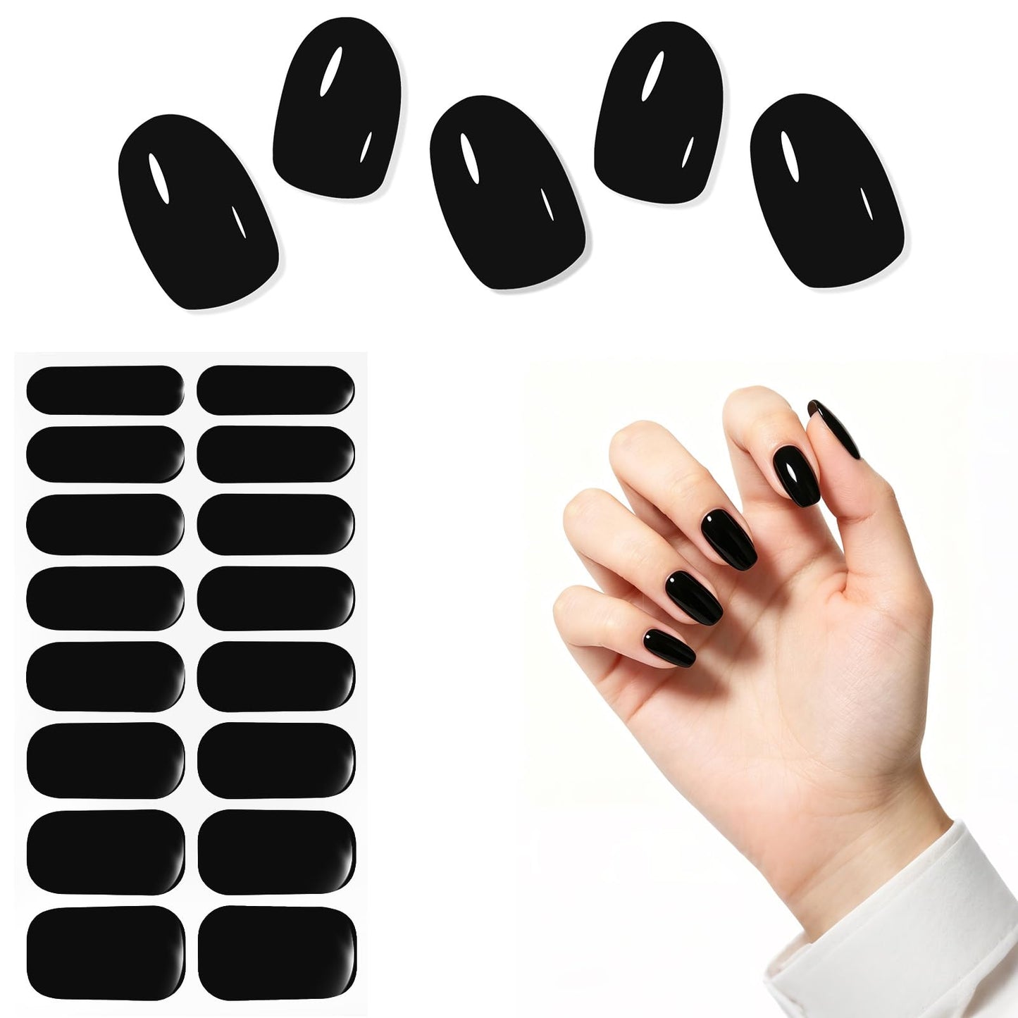 Semi Cured Gel Nail Strips -Jet Black -Stylish Nail Wraps, No UV Light Needed, Effortless Application & Removal, Salon Quality, Includes 16 Wraps, 1 Prep Pad, Wooden Stick & Nail File