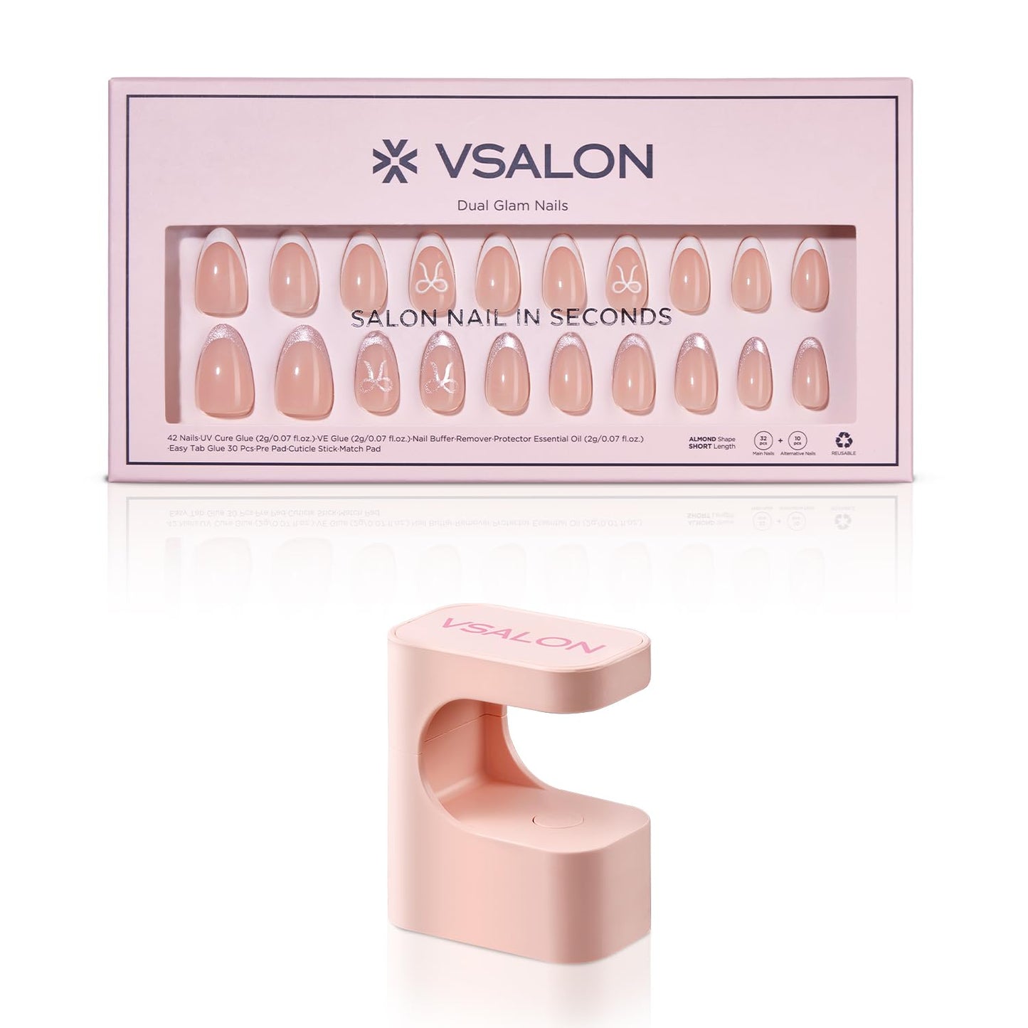 VSALON Short Almond Press-On Nails - 32 PCS French Tip Main Nails in 16 Sizes & 10 PCS Pink Alternative Nails - Reusable Fake Nail Kit with UV Glue, Easy Tabs, Nail Glue Remover & Nail Lamp