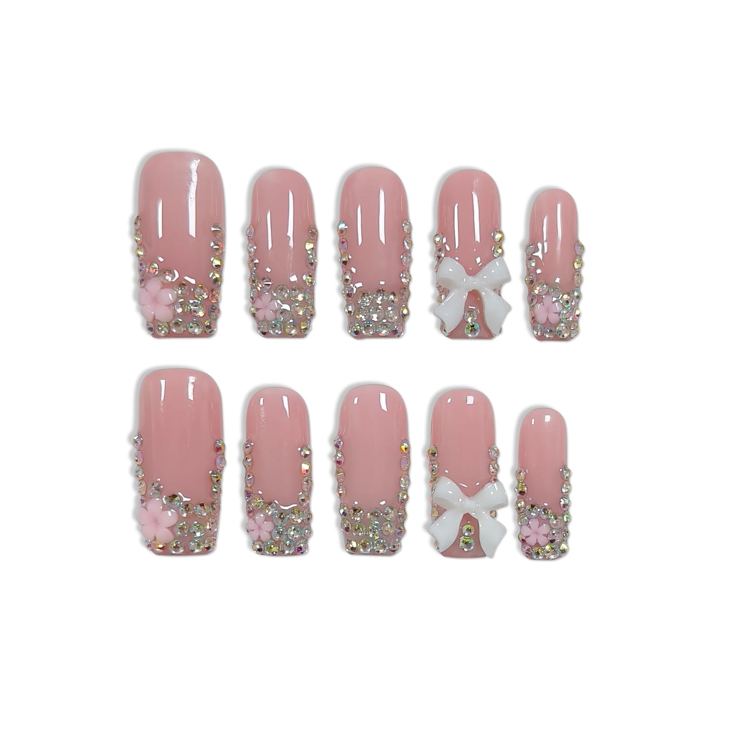 TENPAL Handmade French Tip Press on Nails Medium Coffin 3D Bow Rhinestone Glitter Pink Cute Sweet Girly Reusable Daily Wear Salon Acrylic False Nails 10PCS(L)