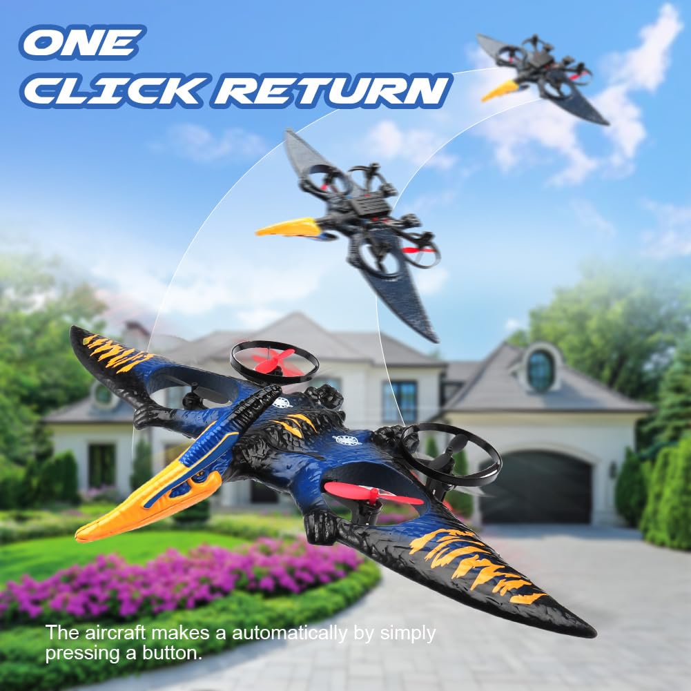 Dinosaur Remote Control Drone, 2.4G EPP Foam RC Pterodactyl Hobby RC Airplanes with 6-Axis Gyro, One Key Takeoff Landing, Stunt Roll & 360 Flip, Fighter Jet Toy Christmas Birthday Gift for Boys Girls