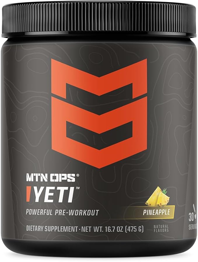 MTN OPS Yeti Pre-Workout Powder Energy Drink with Creatine, 200mg Caffeine & BCAAs with Beta Alanine, 30-Serving Tub, Pineapple Crush