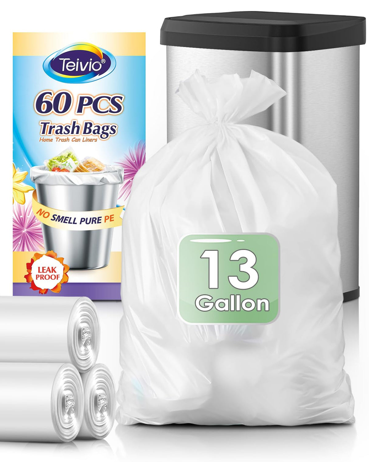 Tall Kitchen Clear Trash Bags 13 Gallon 60 Count Garbage Bags