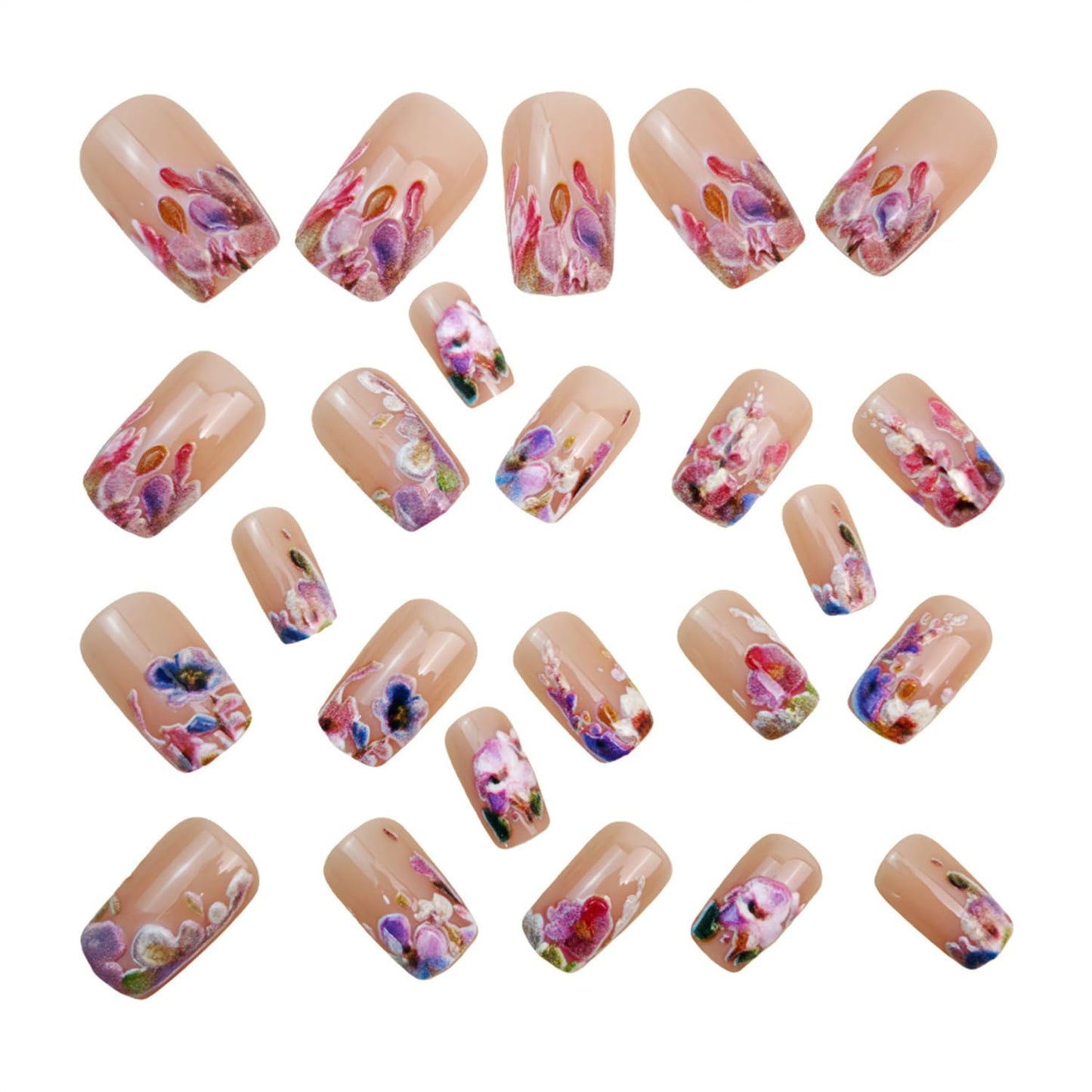 Flower Press on Nails Short Square Fake Nails with Floral Designs Nude Pink False Nails Press ons Spring Summer Stick on Nails Colorful Flower Glue on Nails for Women Manicure