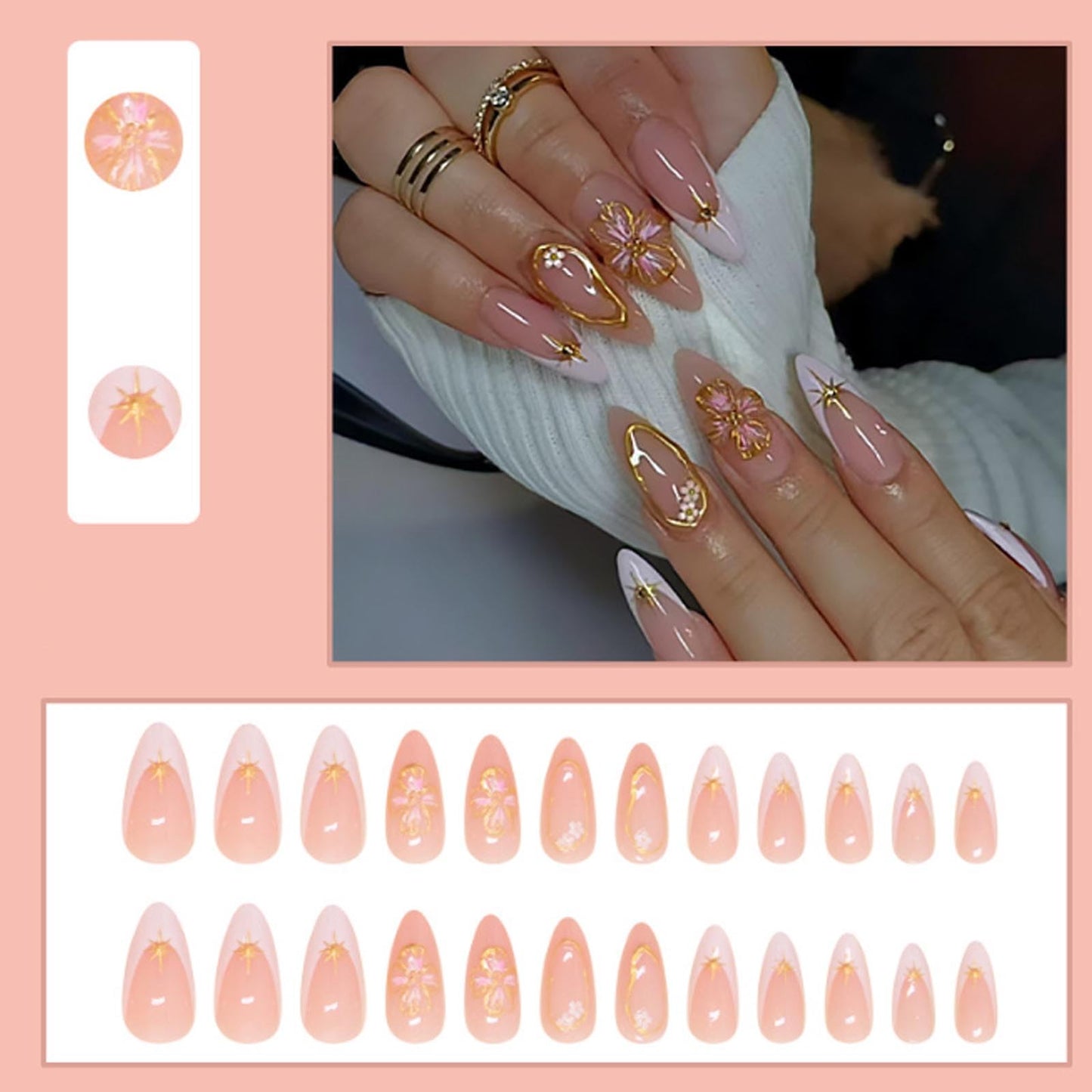 Hkanlre Almond Fake Nude Nails Tips Full Cover False Medium Nails Summer Flower Press on Nails for Women 24PCS