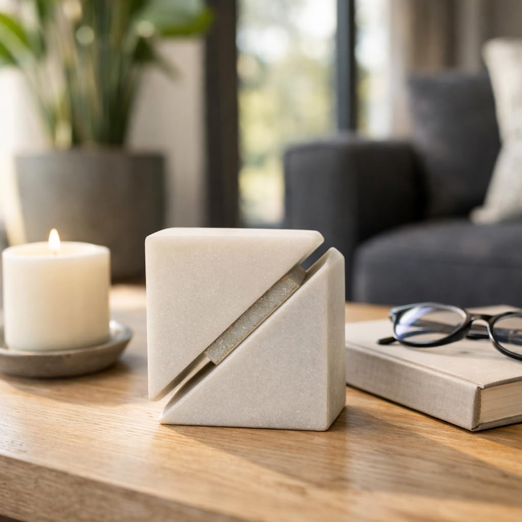 White Marble Sculpture Cube – Accessories for Room Styling and Layering – Shelf, Desk, or Console Placement – Modern Geometric Design Accent for Contemporary Spaces, Home Decor – 4", White Finish