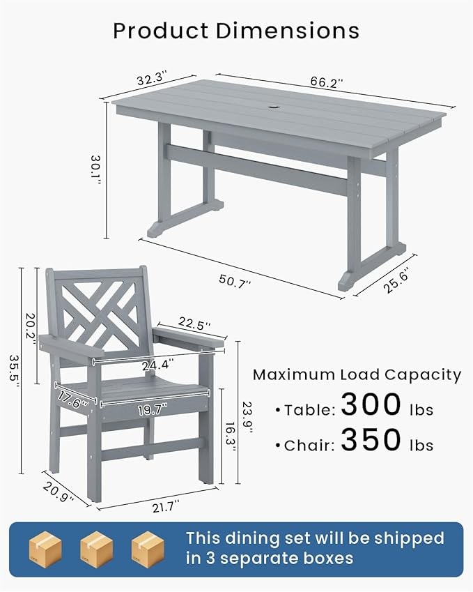 5-Piece Outdoor Dining Set, HDPE All-Weather Patio Table and Chairs Set for 4, Outdoor Patio Furniture Sets with Umbrella Hole for Outside, Deck, Backyard, Garden (Grey)