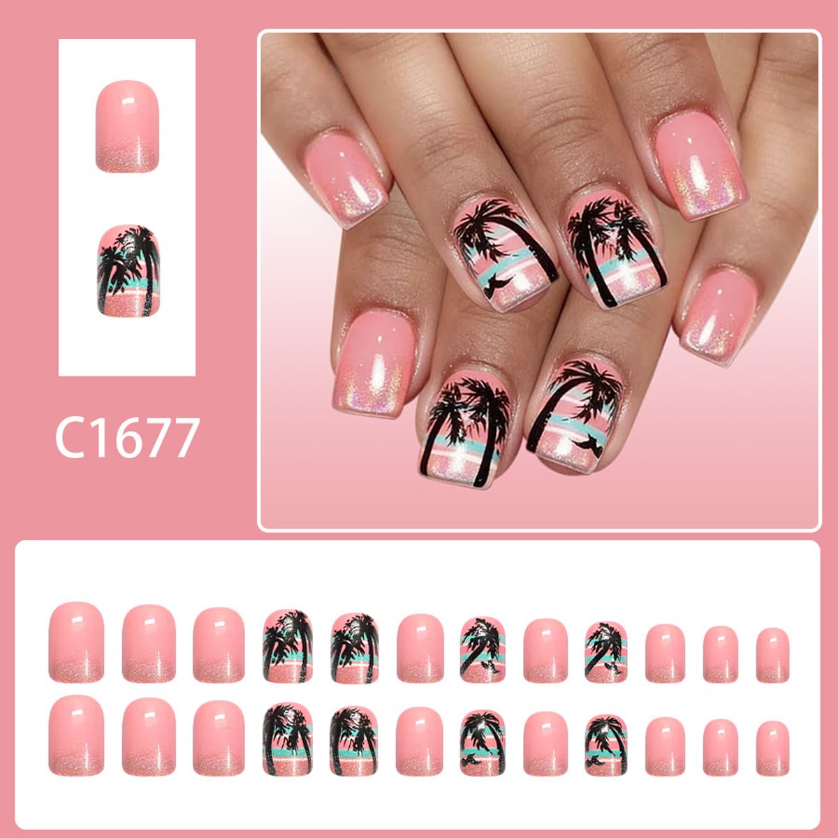Summer Pink Press on Nails Short Square - Glitter French Tip with Palm Tree & Seagull, Full Cover Glossy Fake Nails 24PCS for Women DIY Manicure