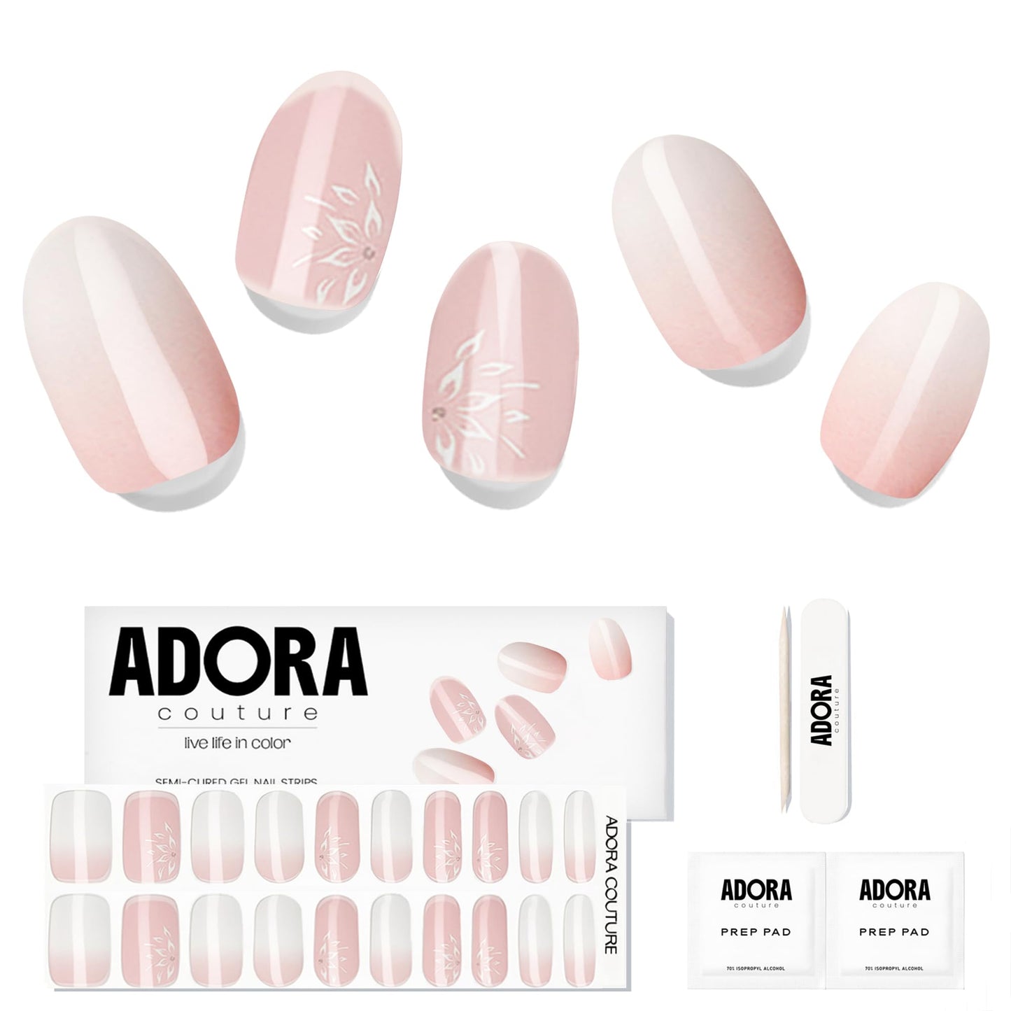 Adora Couture Semi-Cured Gel Nail Strips - 20 Salon-Quality Gel Sticker with UV Light Required, Long Lasting, Easy Application & Removal, Includes Prep Pad, Nail File, Wooden Stick – Soft Serenity