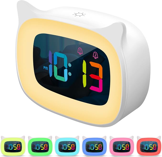 Cute Cat Ear Alarm Clock with RGB 7 Color Night Light,White