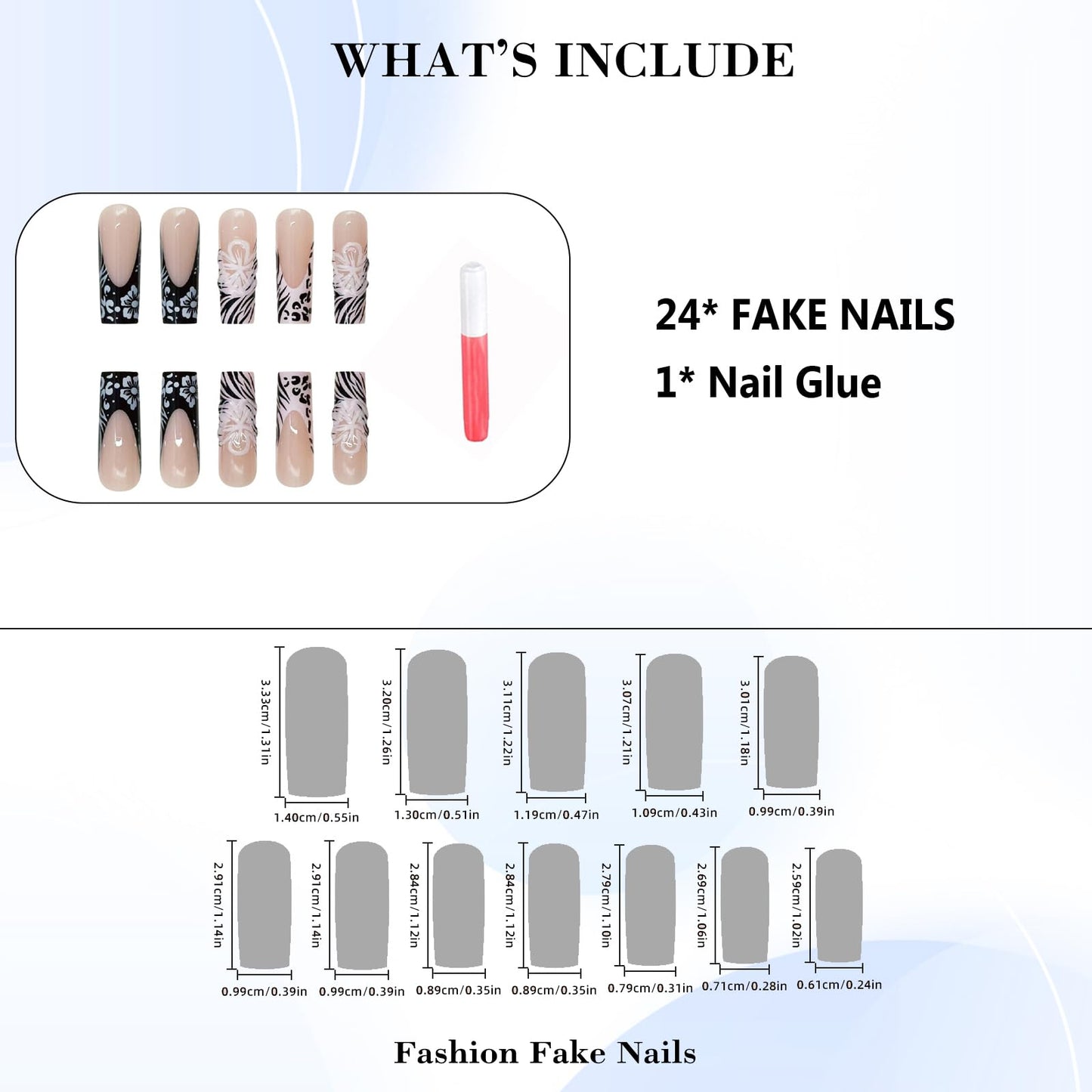 IMRAIN Press on Nails Long Square Fake Nails Black White Zebra Stripes French Tips False Nails with 3D Flower Designs Full Cover Glossy Artificial Glue on Nails for Women 24Pcs