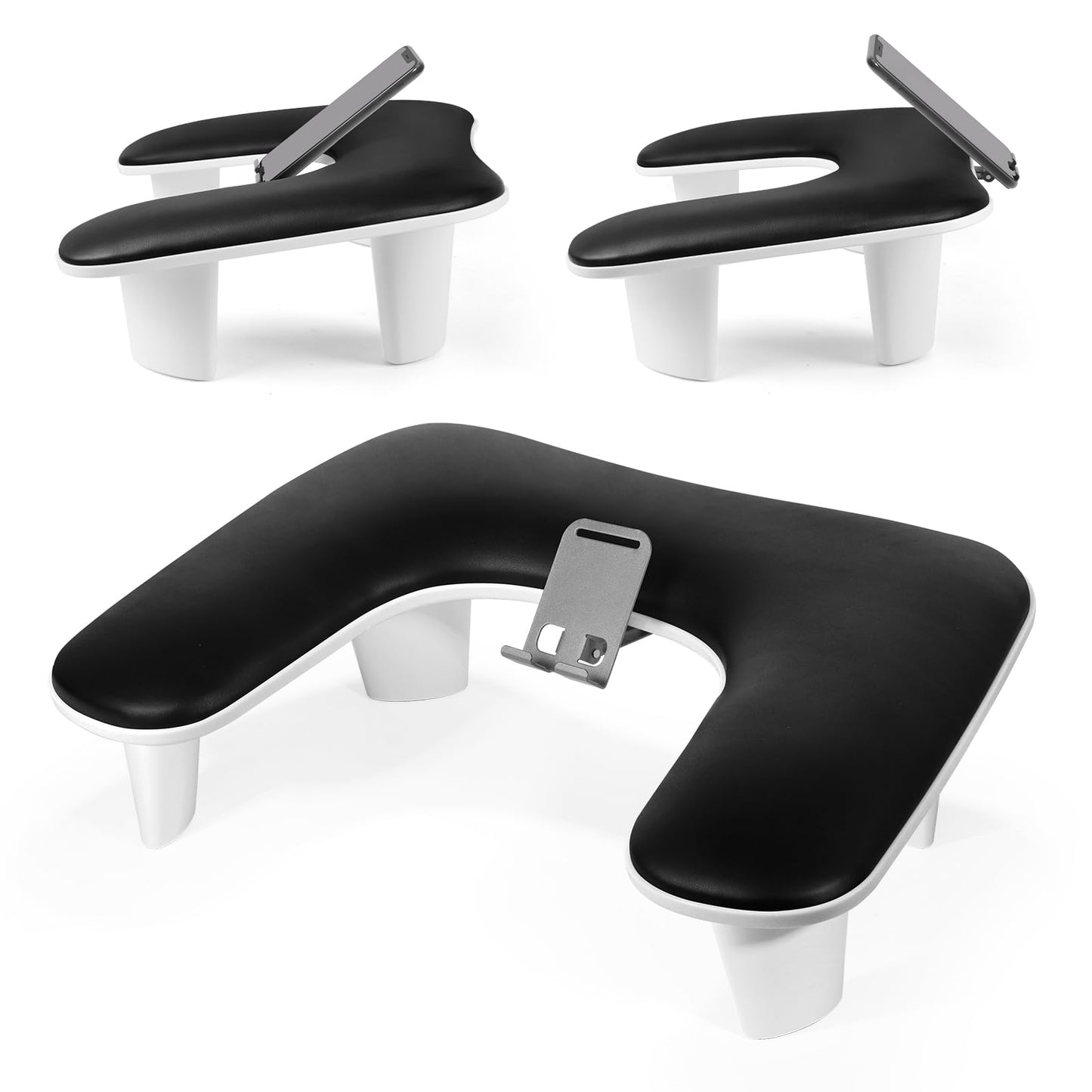 LIONVISON Arm Rest for Nails Tech: U Shaped Ergonomic Nail Hand Rest Stand PU Leather with Rotating Phone Holder for Nail Salon Manicurist (Black)