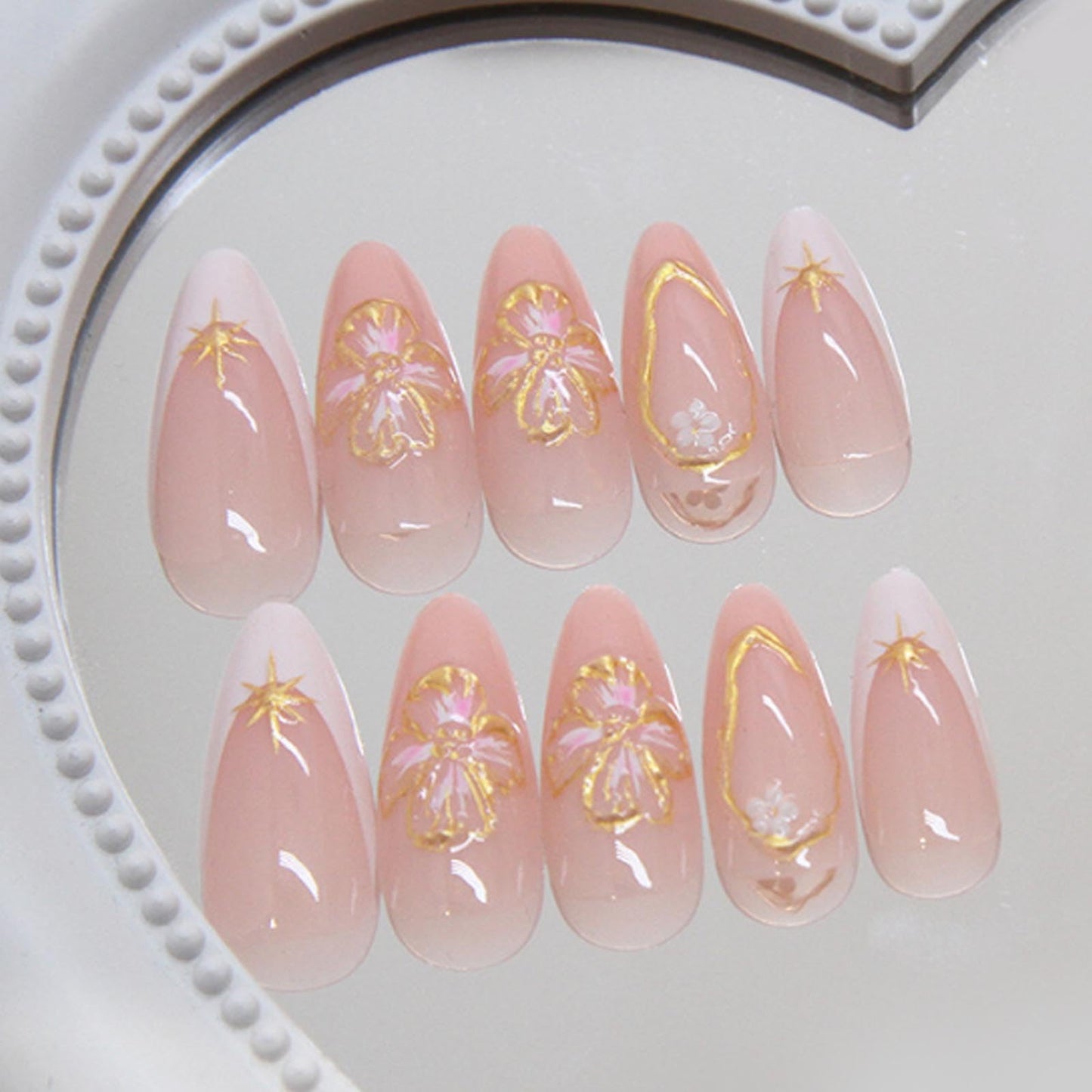 Hkanlre Almond Fake Nude Nails Tips Full Cover False Medium Nails Summer Flower Press on Nails for Women 24PCS