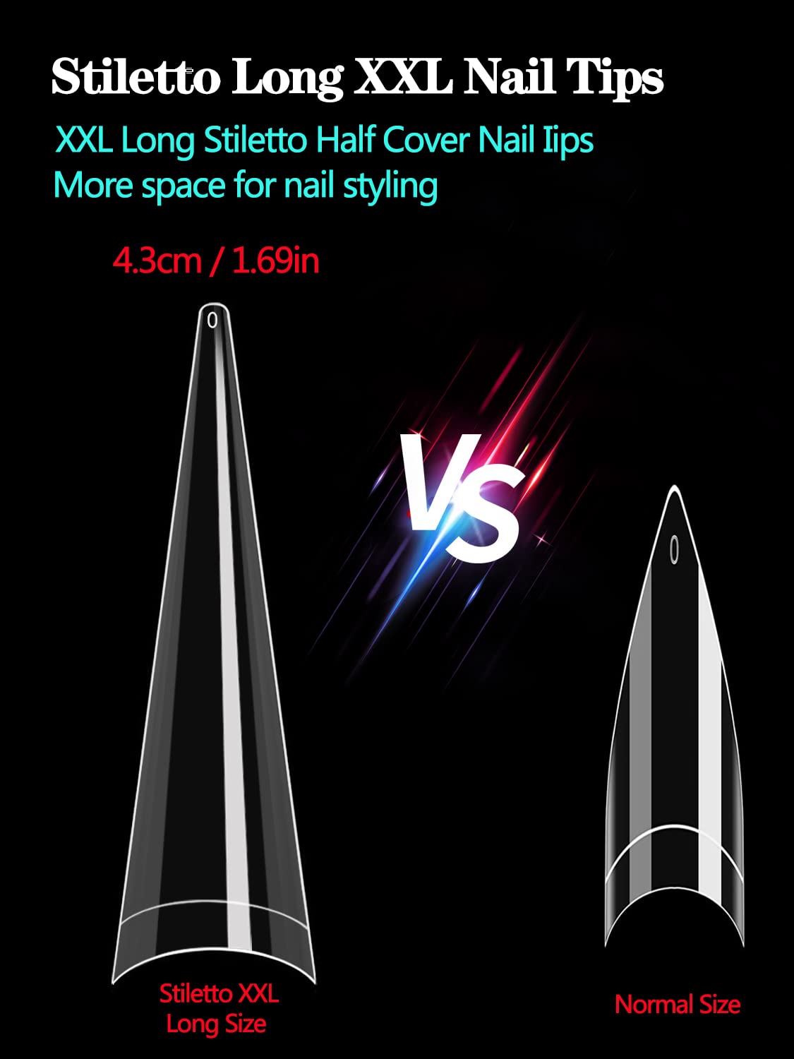 500pcs XXL Stiletto Nail Tips, Clear Half Cover Stiletto Nail Tips for Acrylic Nails, 10 Sizes False Nail Tips for Nail Extension with Box