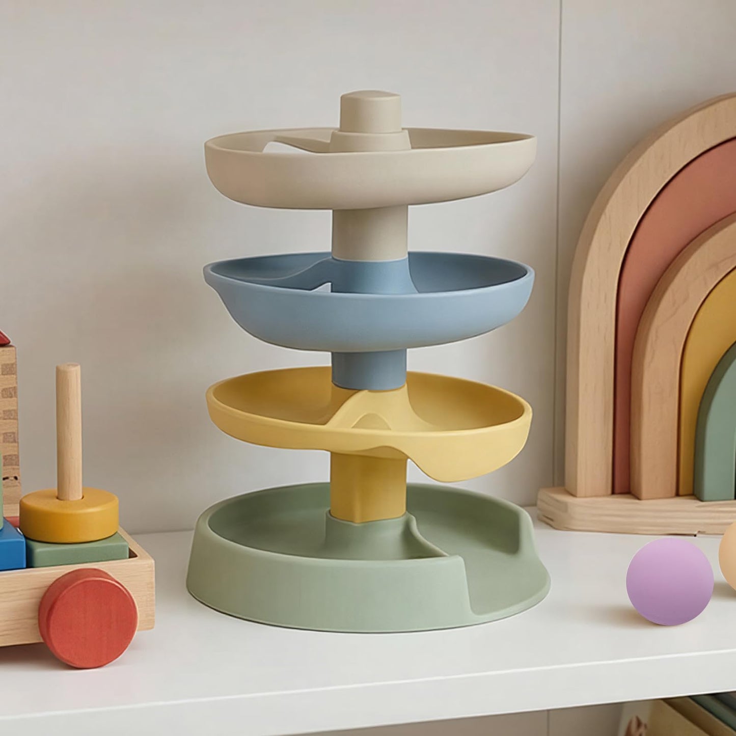 Little Rawr Silicone Ball Drop Tower Toy for Toddlers, 4-Tier Rolling Ramp Track with Wooden Balls, Soft Food-Grade Silicone Montessori Toy for Early Learning, Fine Motor Skill Development, Ages 1–3