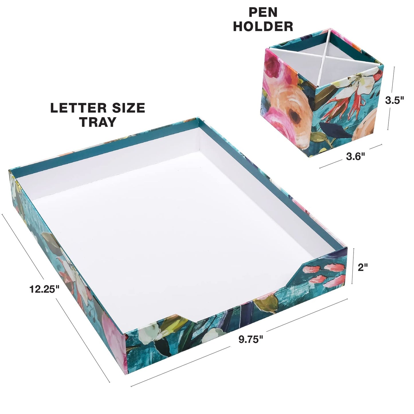 Global Printed Products Designer Printed Desk Organizer Set, Includes Letter Tray, Folder Stand, 3-Section Organizer, Pen Holder - Floral