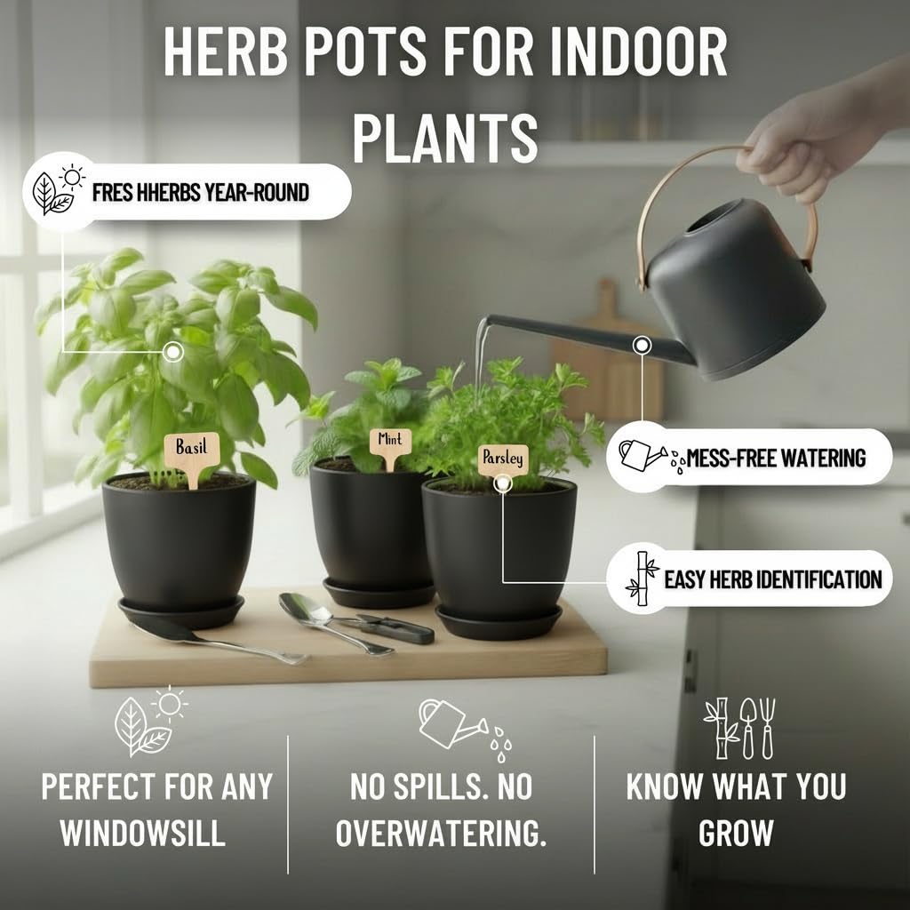 JNGROW Indoor Garden Kit - Plant Pots with Drainage, Watering Can & Tools - Ideal Windowsill Planter Set - Modern Home & Kitchen Decor Gift - Black