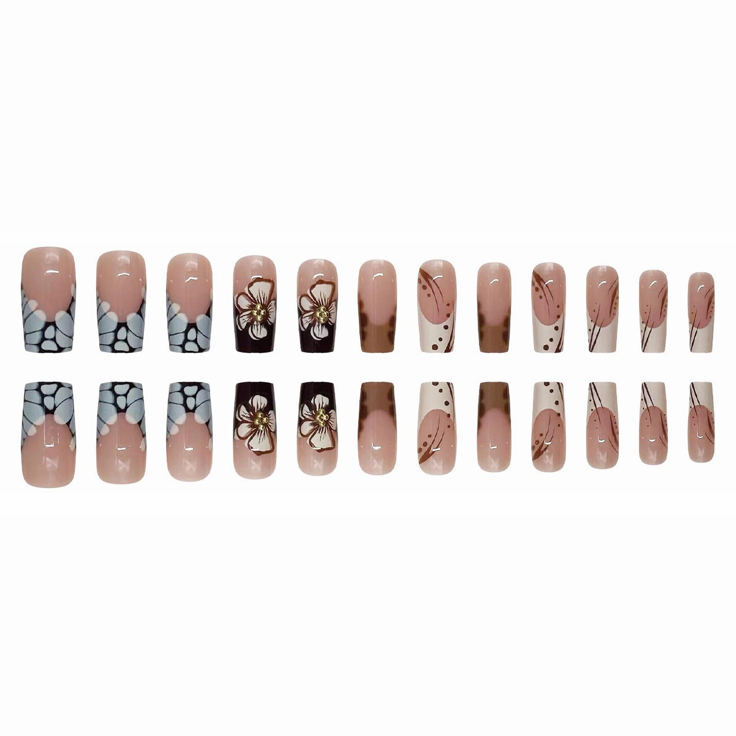 MISUD Press on Nails - Long Square Fake Nails with Fall Brown, Acrylic Autumn Flower Design 24 pcs